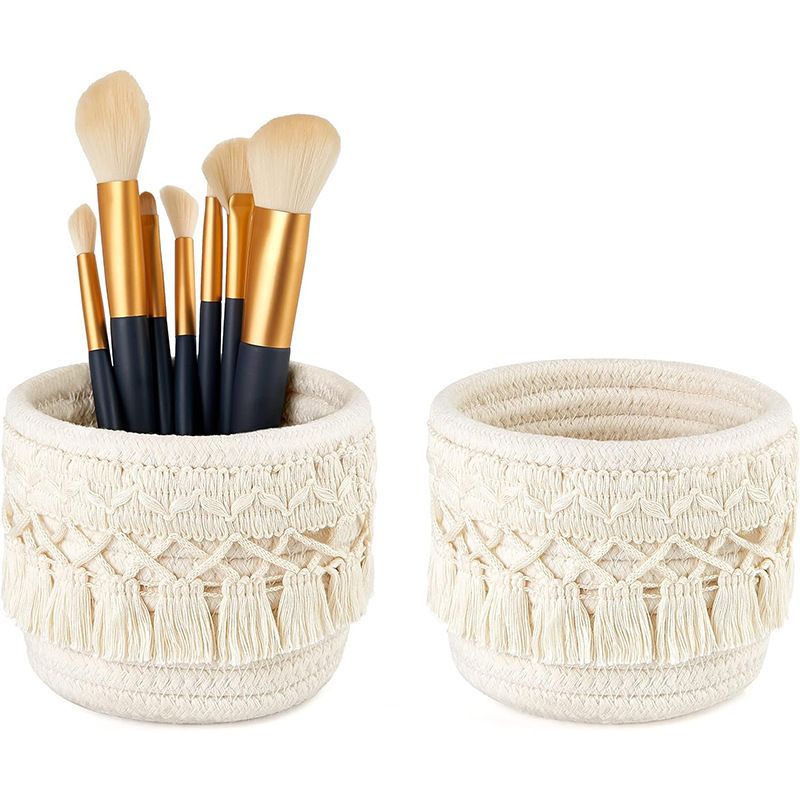 Beige Boho Cotton Rope Tassel Storage Baskets โ Set of 2 Round Woven Organizers for Makeup Brushes & Desktop Essentials (12cm Diameter)