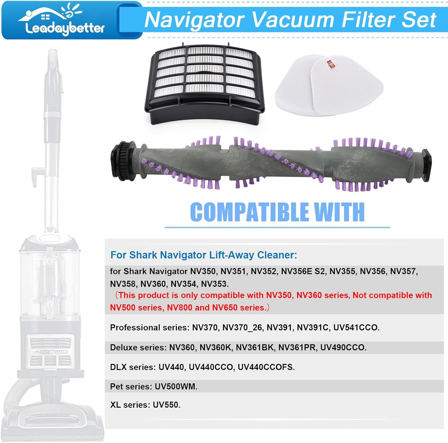 Brush Roll filter Replacement for Shark Navigator Lit Away NV350 NV351 NV352 NV356E S2 NV360 NV355 NV356 NV357 NV358 Vacuum Cleaner, with Belt and Wheels — image 3