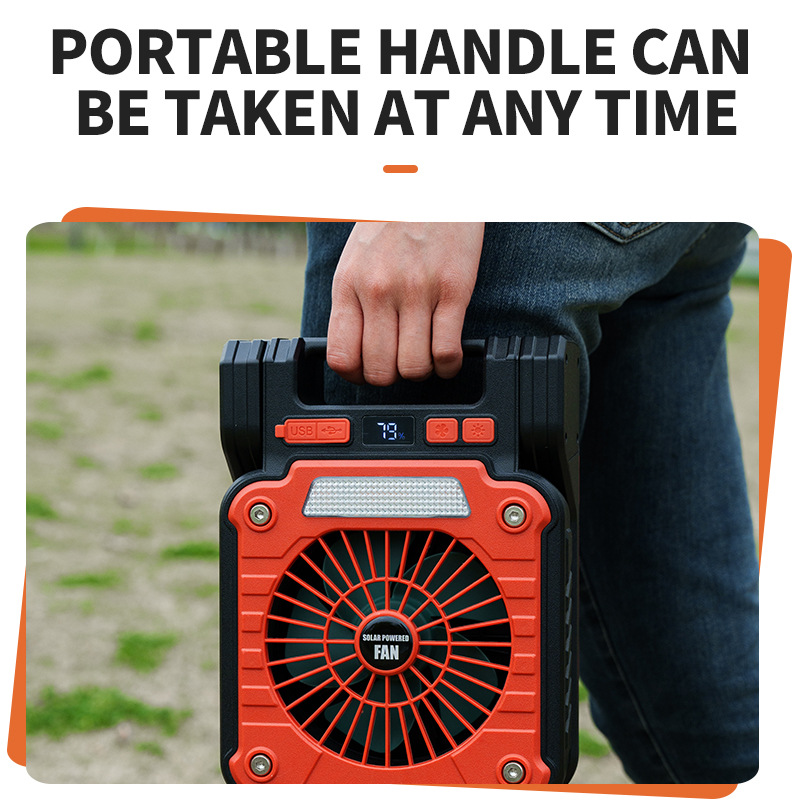 Solar & USB Rechargeable Camping Fan with LED Light - Portable Power Bank, 180° Collapsible(Orange) — image 4