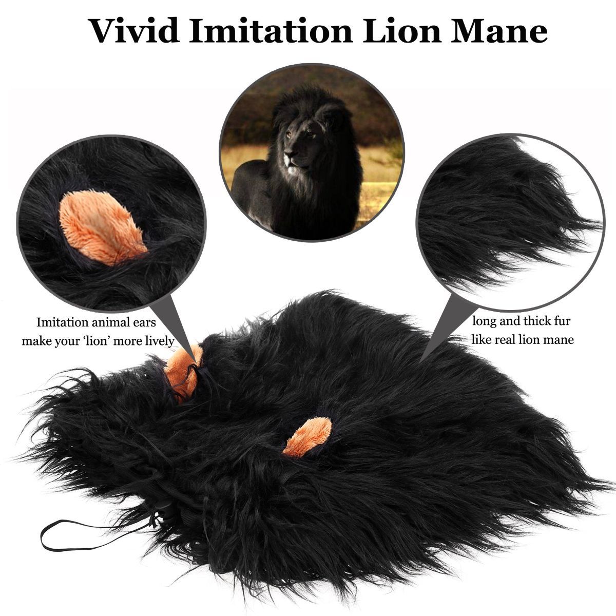 Lion Mane Wig for Dogs with Ears, Funny Pet Costumes for Halloween Christmas - Black - Size M — image 4