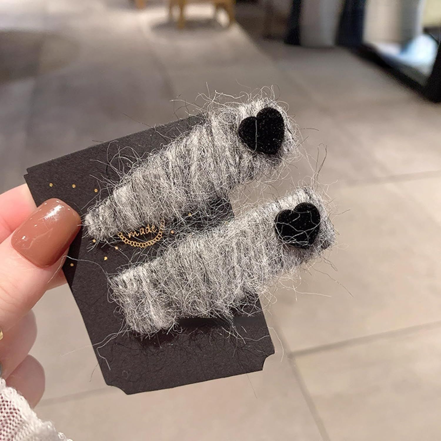 2 Pack Fuzzy Stripy Hair Clips with Velvet Heart for Women Winter, Classy Gray/Red Barrettes Korean Style Hair Pins (Grey) — image 4