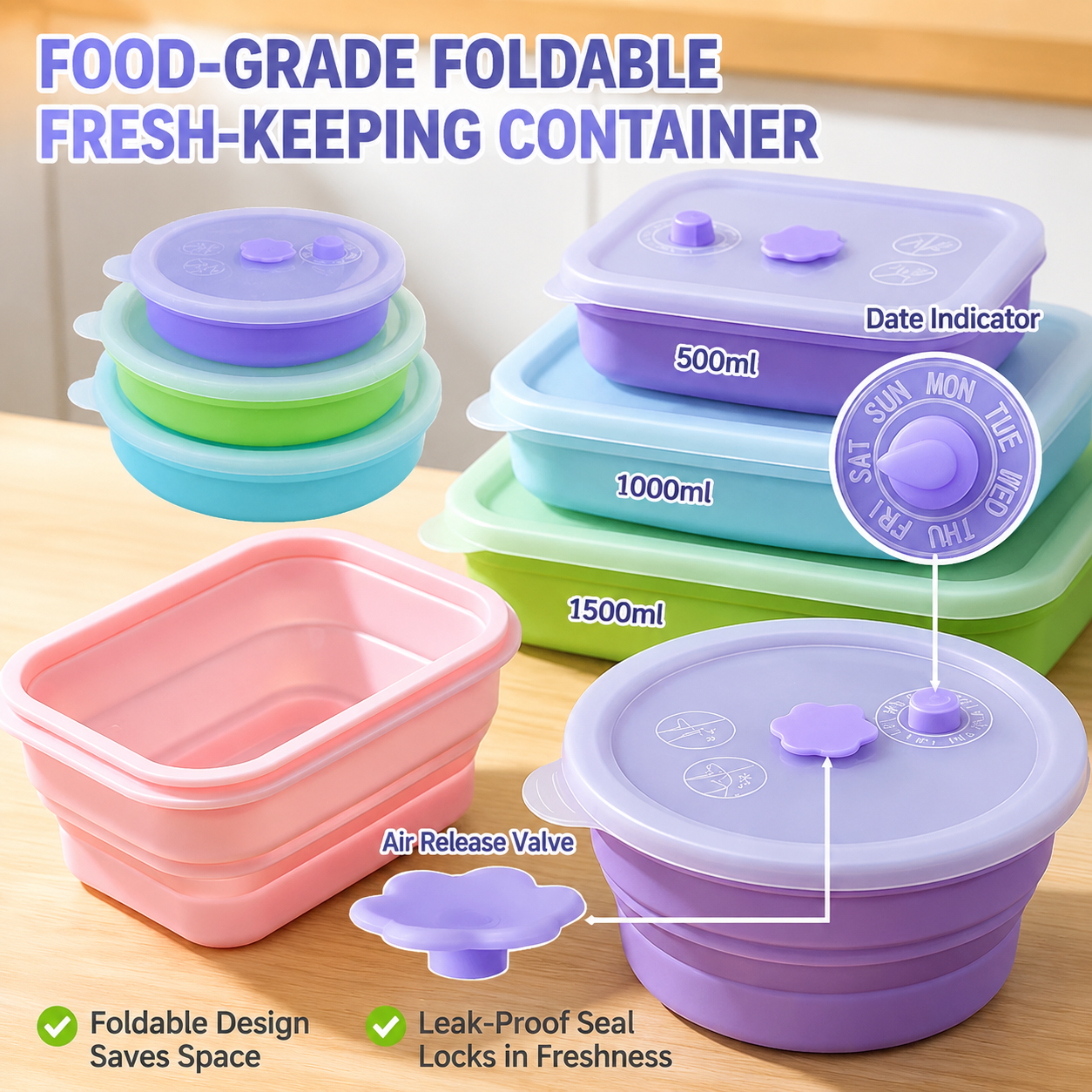 Collapsible Food-Grade Silicone Storage Container with Leakproof Lid, Built-in Date Dial and Steam Vent - Reusable, Microwave-Safe, Freezer-Ready — image 6