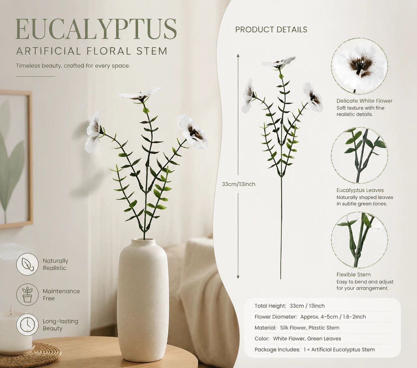 White & Blue Mixed Artificial Eucalyptus Pansy Floral Stems 10 Pack — image 3