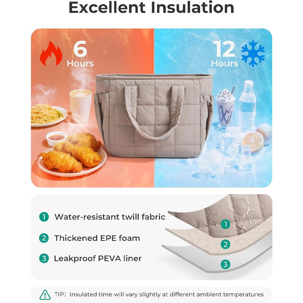 Purple Stylish Insulated Quilted Zipper Lunch Bag for Women - 6L Large Capacity Waterproof Thermal Tote Cooler Bag with Leakproof Lining and 2 Side Pockets for โ image 3