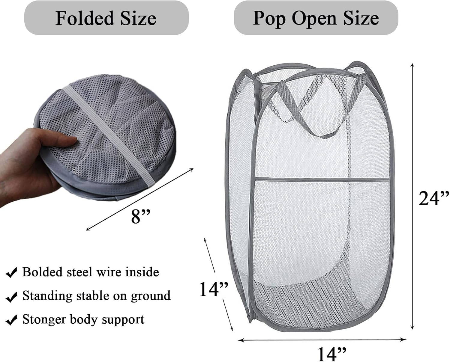 2 Pcs Popup Mesh Laundry Baskets, Collapsible and Portable Clothes Washing Laundry Hampers with Reinforced Carry Handles, Gray Clothes Hamper for Home, Travel — image 2