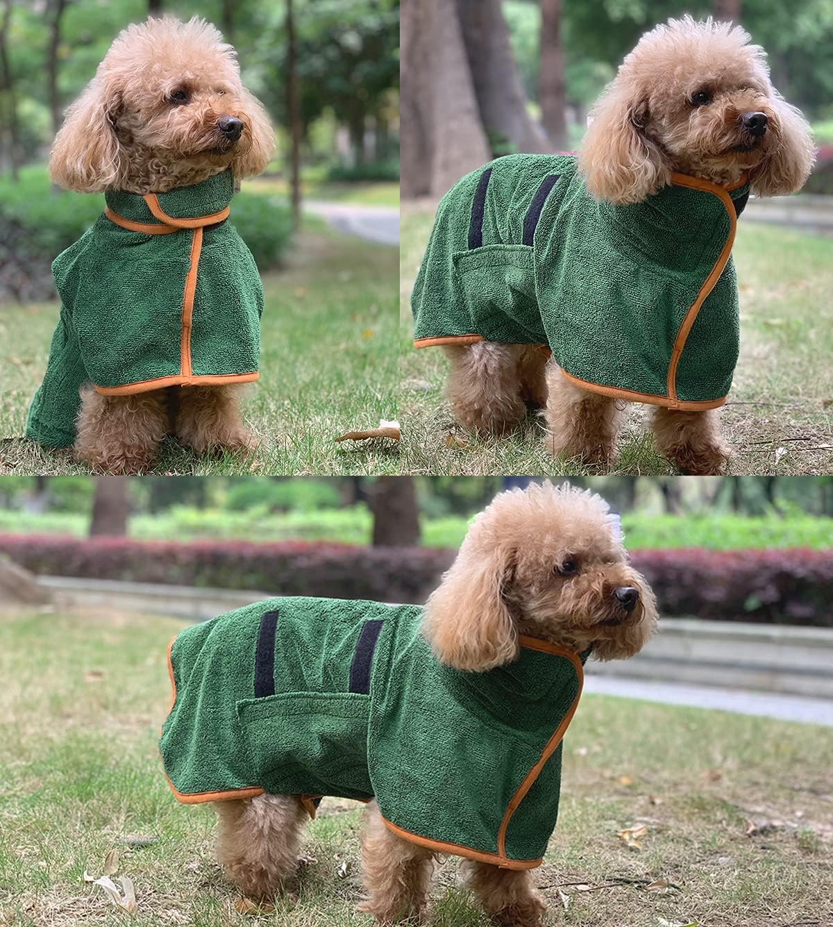 Dog Bathrobe - Size M - Green with Orange Trim - Absorbent Pet Towel with Adjustable Strap — image 5