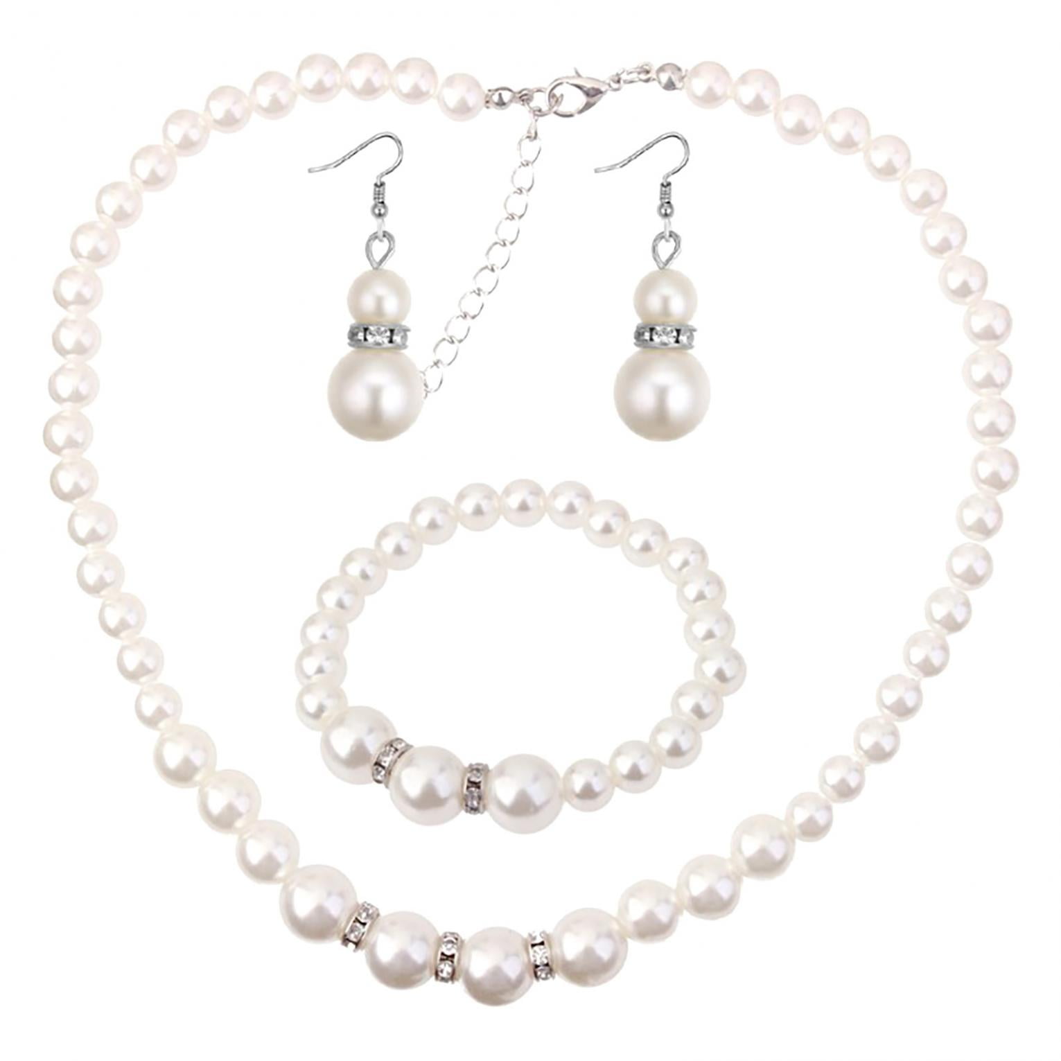 Pearl Necklace and Earring Set Simulated Shell Pearls Round White Silver Pearl Stud Earrings Bracelets Wedding Jewelry Sets for Bride Bridesmaid Women โ image 3