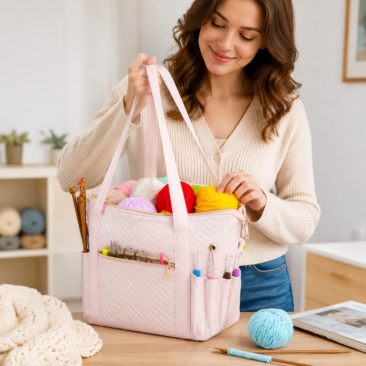 Crochet Bag Organizer for Yarn Storage, Velvet Knitting Tote Bag with Double Handle for Crochet Accessories, Portable Travel Case for Yarn Balls, Crochet — image 3