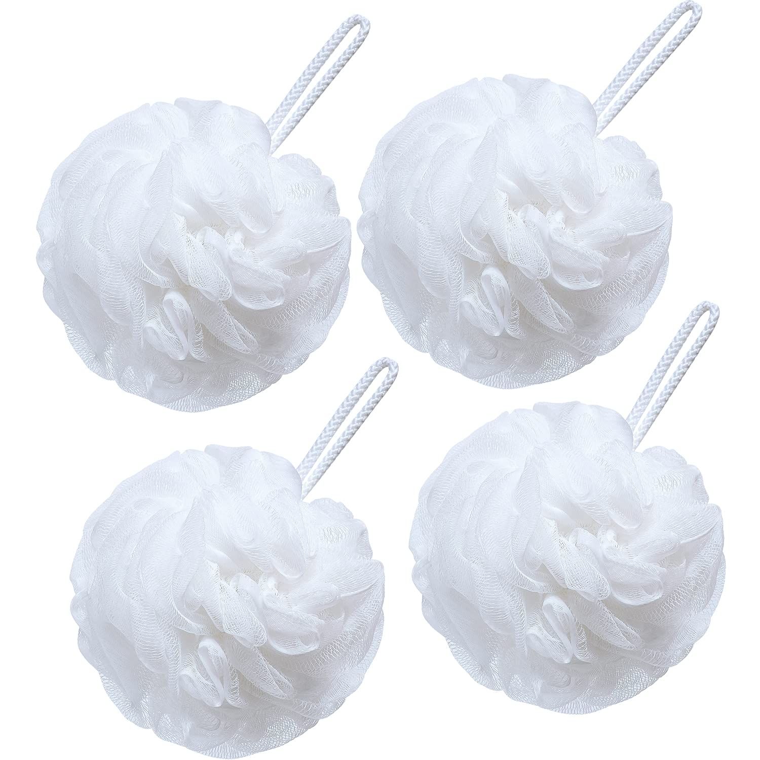 Set of 4 Bath Loofah Large 50g Shower Sponge Body Scrubber Mesh Pouf for Men and Women, (White) Rubbing and foaming