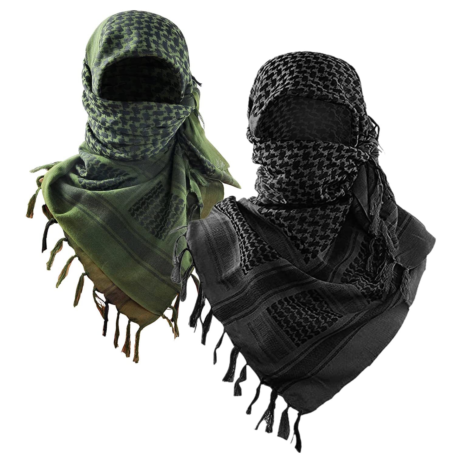 2-Pack 110x110CM Military Shemagh Cotton Tactical Desert Scarf (Black + Green) - Versatile Protective Face Mask and Head Wrap for Motorcycling, Paintball &