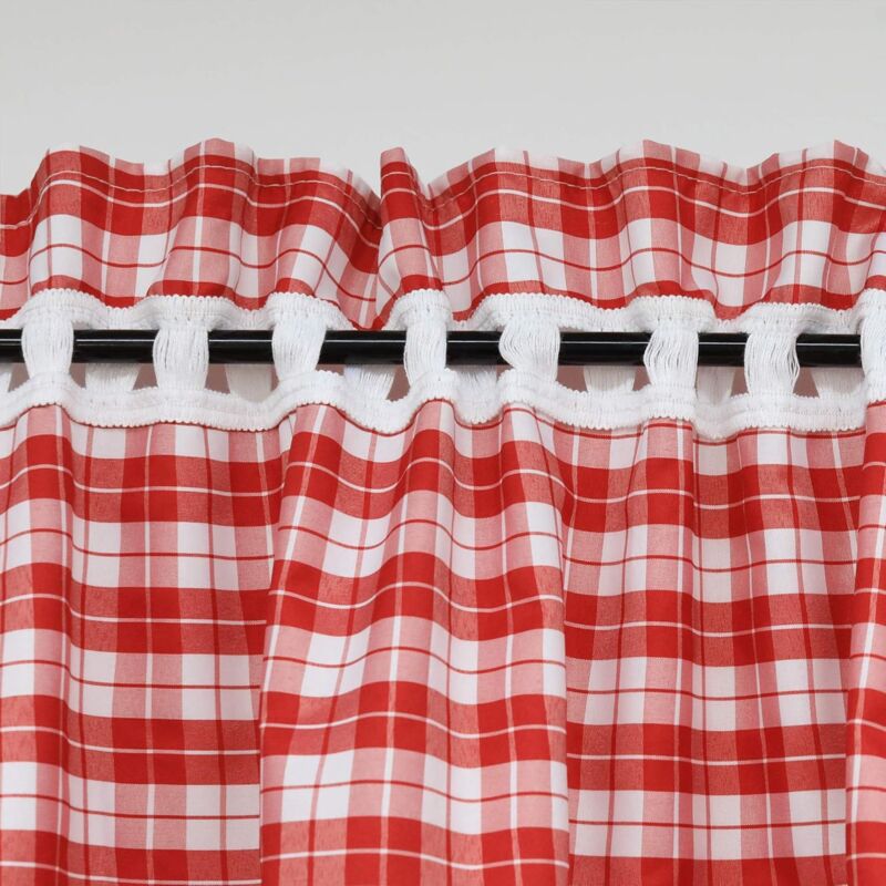 2 pcs Set Perforated Opaque Curtains With 2 Tiebacks Plaid Pattern Window Decoration For Bedroom Indoor Red H/W 120/80Cm โ image 3