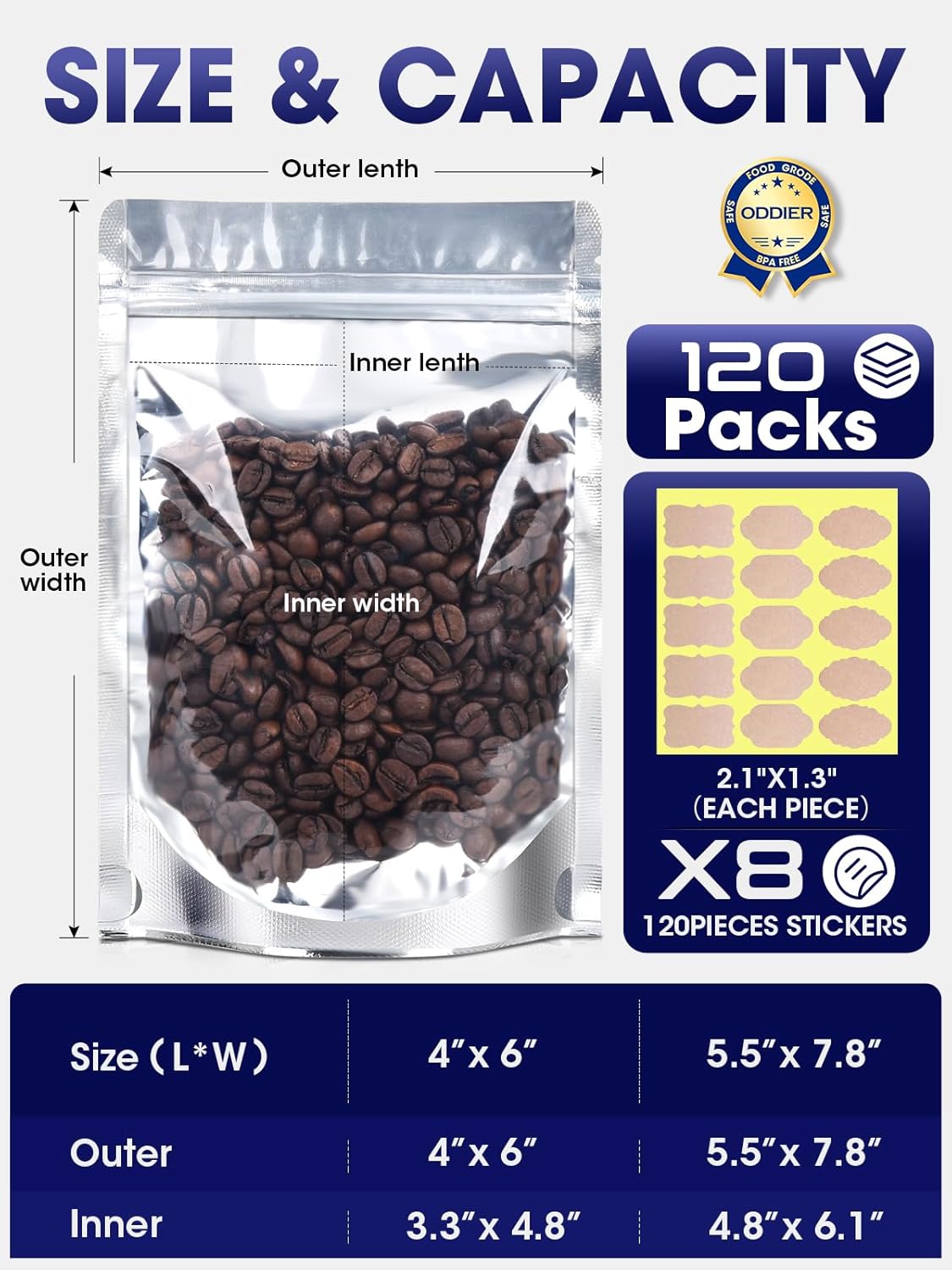 120pcs Stand Up Pouch Bags, 4" x 6" Mylar Bag for Food Storage, Clear Front with Aluminum Foil Back Resealable Food Storage Bags for Small Business Packaging — image 2
