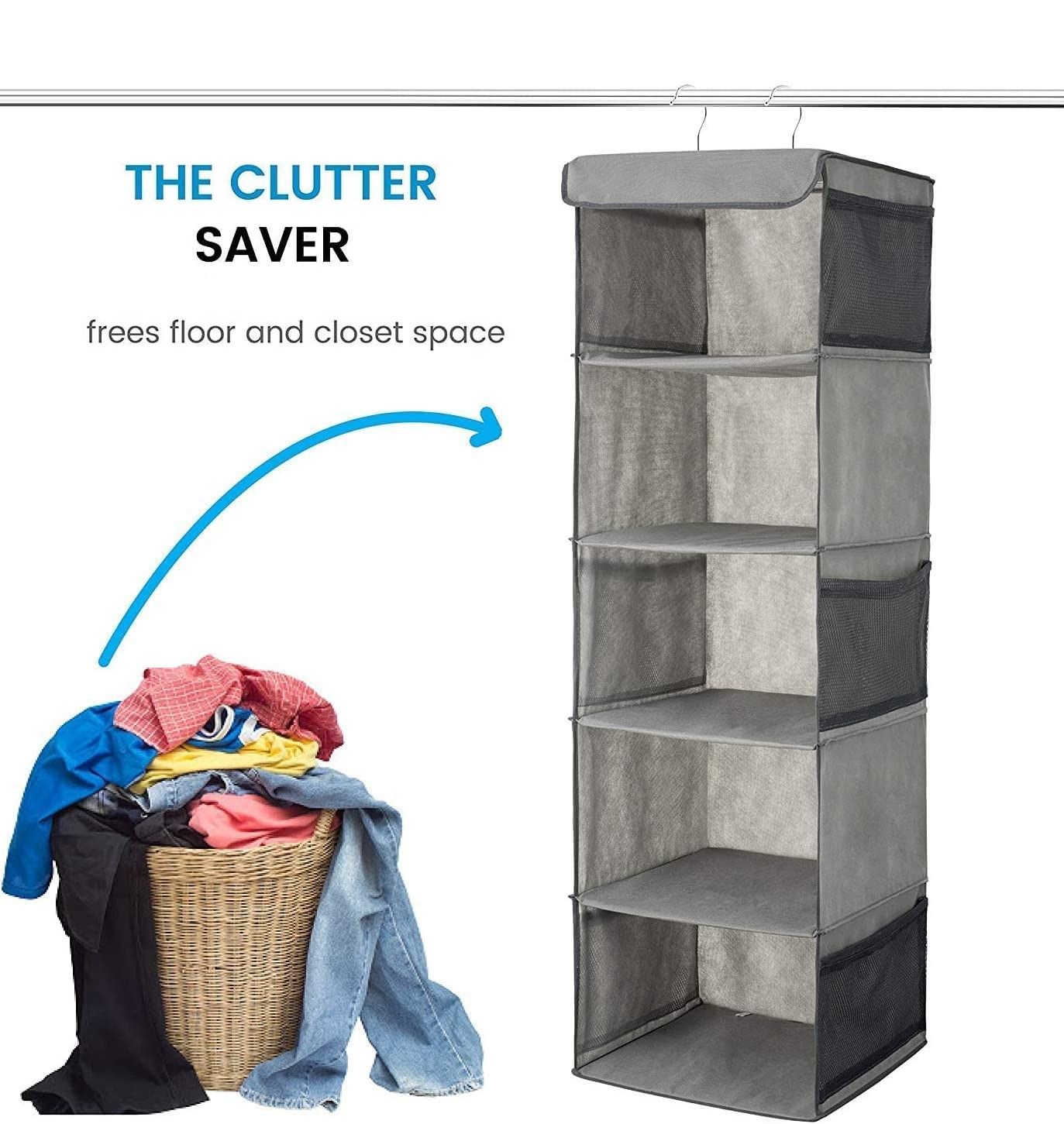2 Pack 5 Foldable Shelf Hanging Closet Organizer Space Saver with Side Accessories Pockets for Clothes Storage — image 3