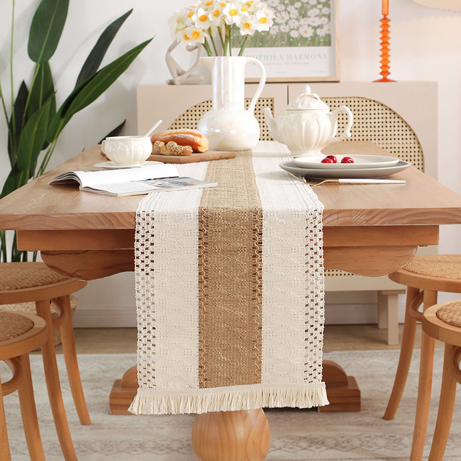 Rustic Table Runner Macrame Table Runner Cotton Desk Decoration for Holiday Party Farmhouse Wedding 180 × 30cm Coffee Color — image 5