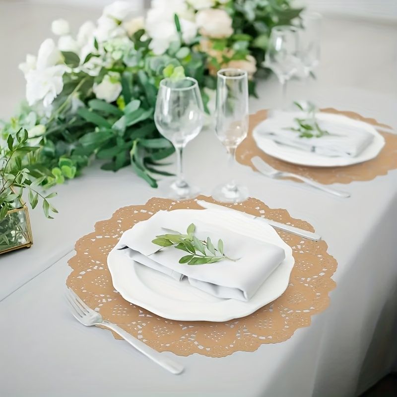 50Pack Round Brown Kraft Paper Doilies 13.5 Inches Lace Paper Place Mats Rustic Scallop Doily Disposable Table Pads for Food Cakes Crafts Party Weddings — image 3