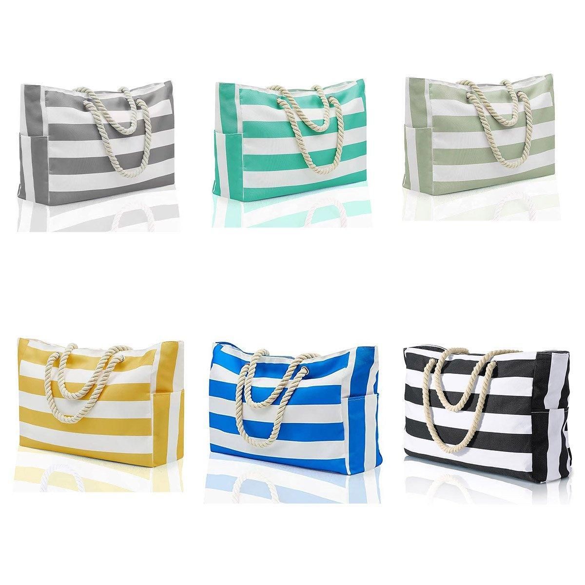 Large Bohemian Striped Canvas Beach Bag Zipper Tote for Travel Outdoor Vacation - Matcha β image 3