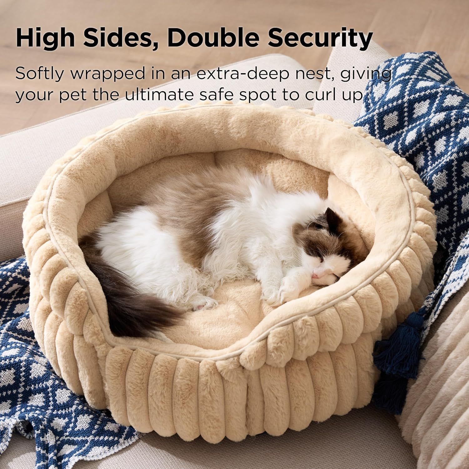 Cat Bed, Washable Round Cute Cat Beds for Indoor Cats, Super Soft Corduroy Pet Bed for Puppy and Kitten with Anti-Slip Bottom, 23''x23''x8.5'', Sandy Beige — image 3