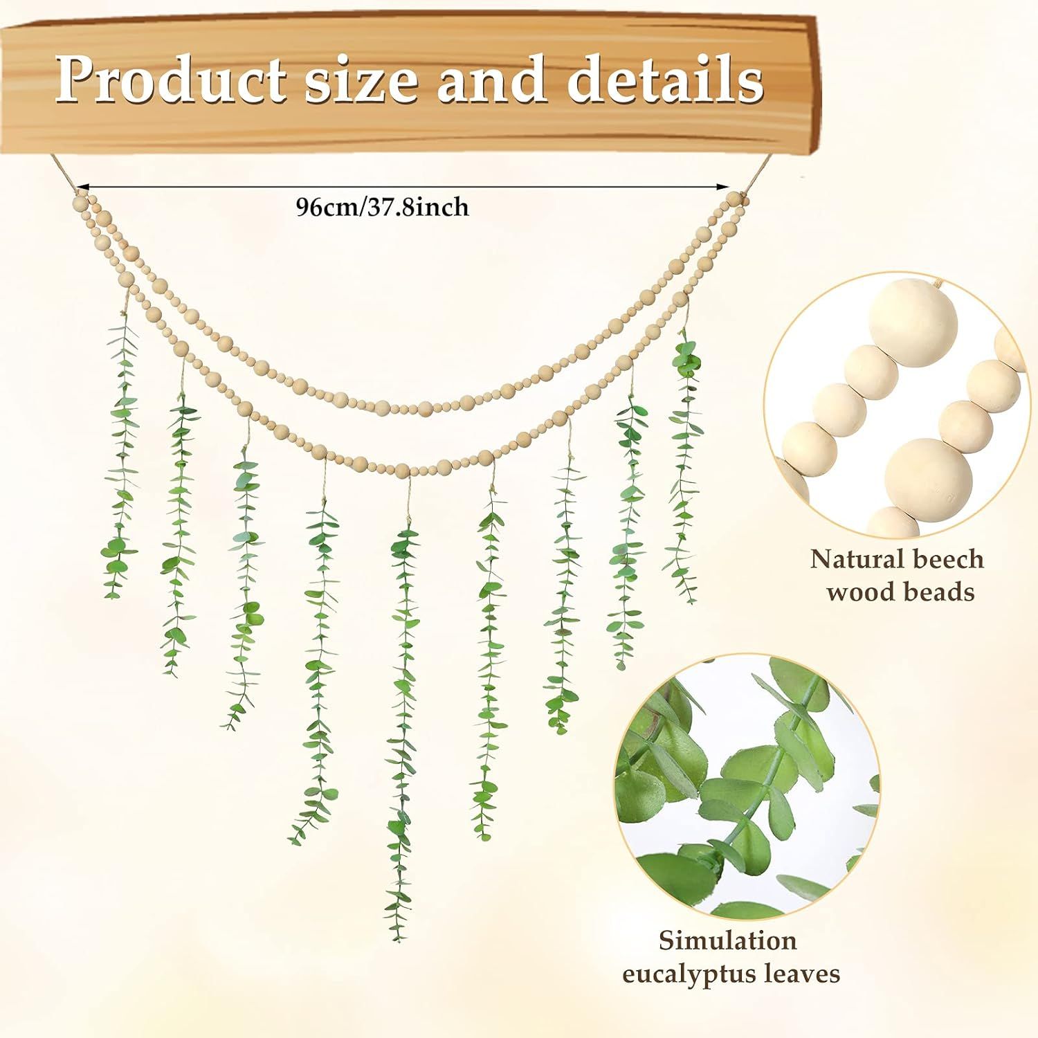 Hanging Eucalyptus Boho Wall Decor Large Boho Bedroom Wall Hanging Wooden Bead Garland Artiicial Eucalyptus Natural Greenery Decoration, 36 x 36 Inch โ image 3
