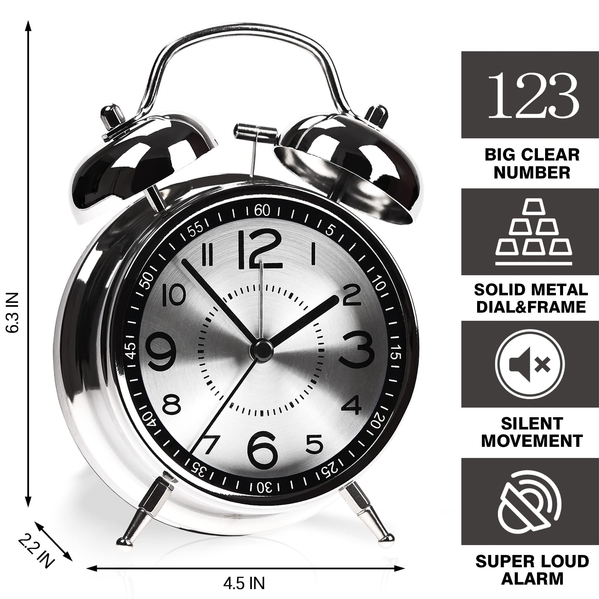 Super Loud Alarm Clock for Heavy Sleepers Adults,Twin Bell Retro 4 Inch Silent Non-Ticking Quartz with Backlight, Metal dial(Gray) — image 2