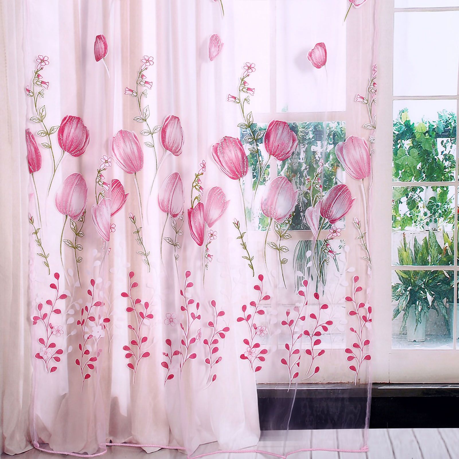 100*200cm Tulips Printing Tulle Curtains Sheer Drape Balcony Window Decoration Pink โ image 2