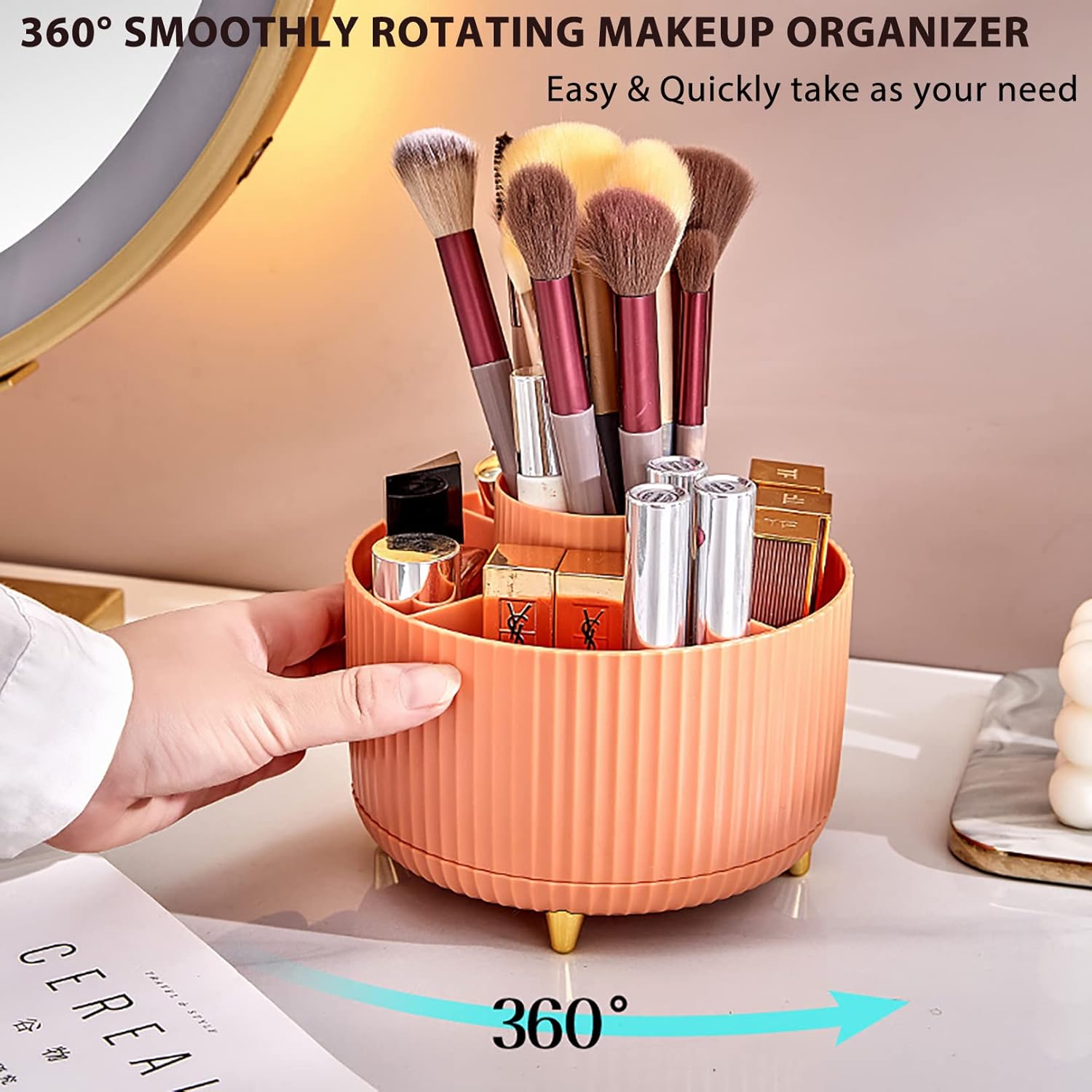 Makeup Brush Holder Organizer,360° Rotating Make up Organizer Storage,5 Slot Makeup Brushes Cup,for Vanity Decor,Bathroom Countertops,Desk Storage — image 2