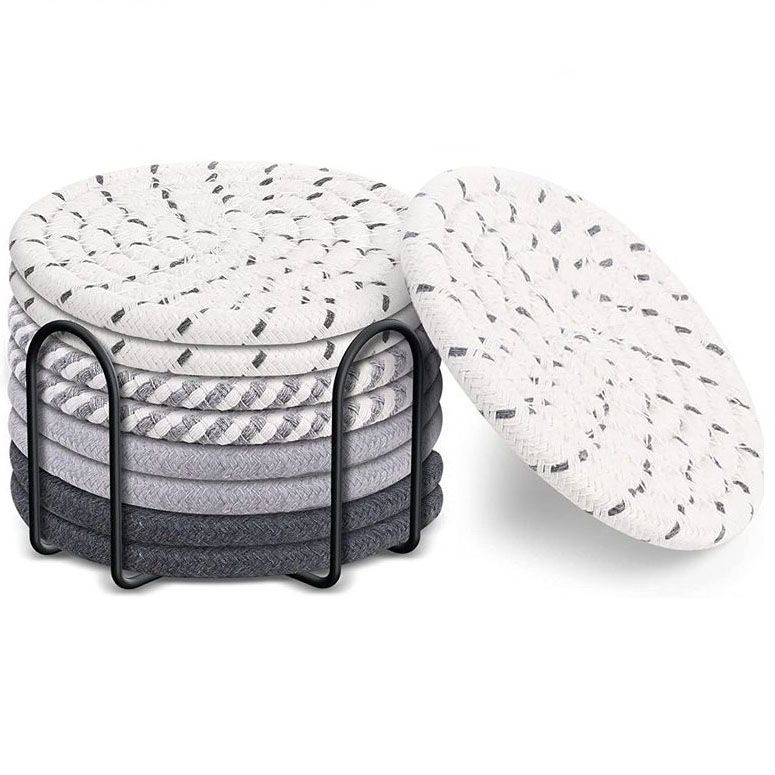Gray tones 8 Piece Handmade Braided Cotton Coasters Set with Holder 4.3 Inch Round Absorbent Drink Coasters Heat Resistant Table Protection Cup Mats for Home β image 2