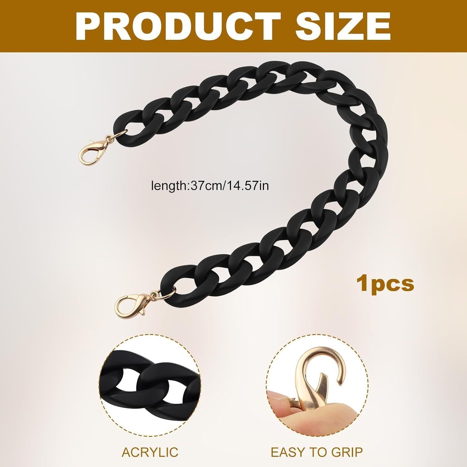 14.5 Inch Acrylic Purse Chain Strap Replacement, Short Bag Chain Handle, Matte Black Bag Charm Extender for Handbags, Clutches, Phone and Shoulder Bags charms — image 2
