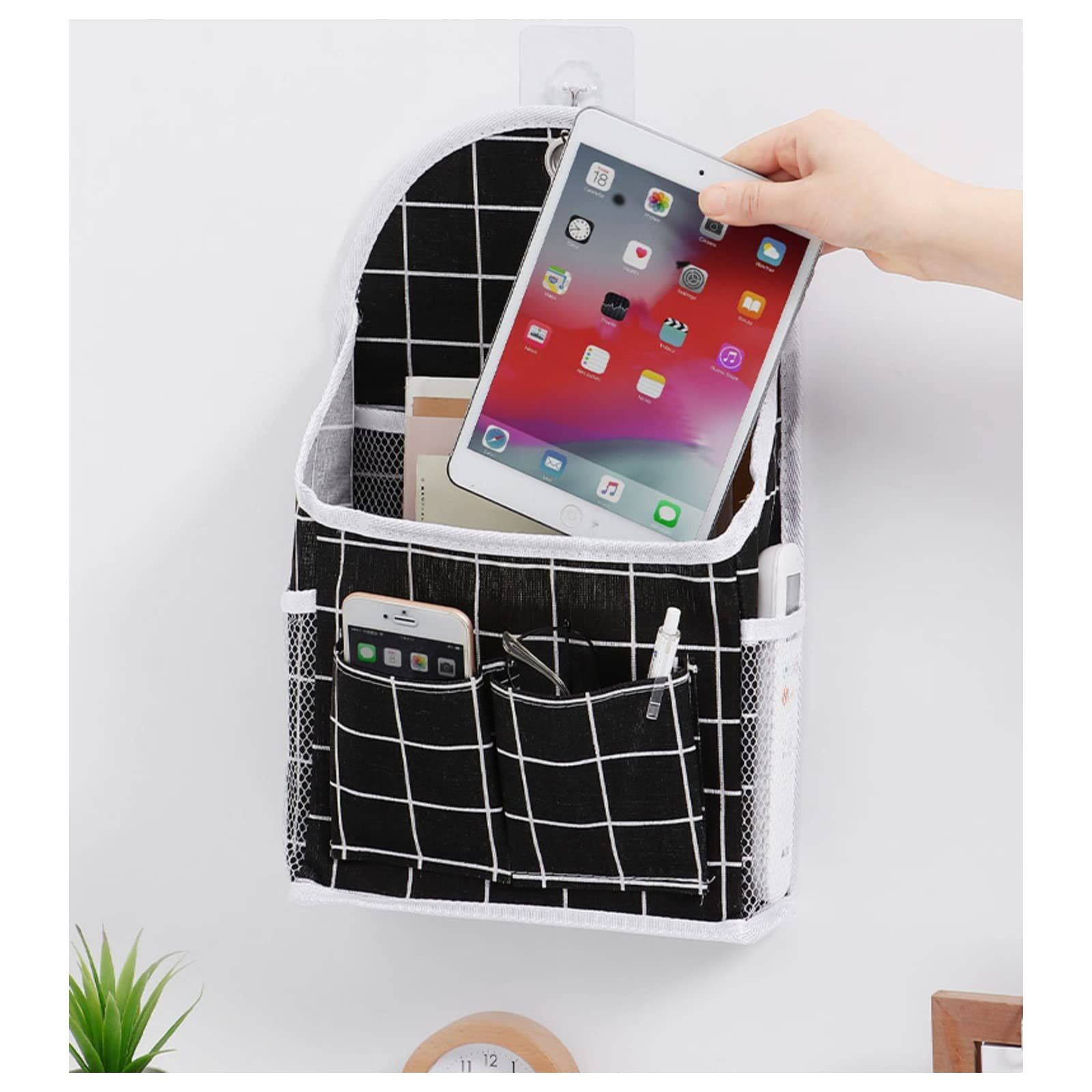 Wall Hanging Storage Bag, Black and White Checkered Linen Organizer Wall Mounted Punch-Free Over The Door Storage — image 5