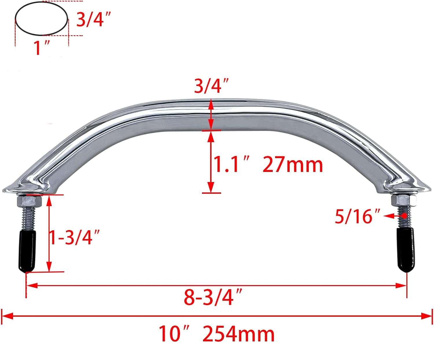 2PCS Boat 316 Stainless Steel 8-3/4'' Polished Grab Handle Oval Tube Bar Handrail for Marine Yacht RV — image 3
