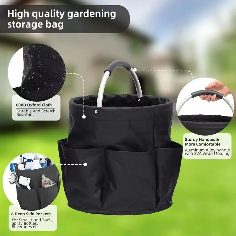 Premium Black Gardening Storage Bag made of durable 600D Oxford cloth, features 6 deep side pockets for small hand tools, spray bottles, beverages, and more โ image 2