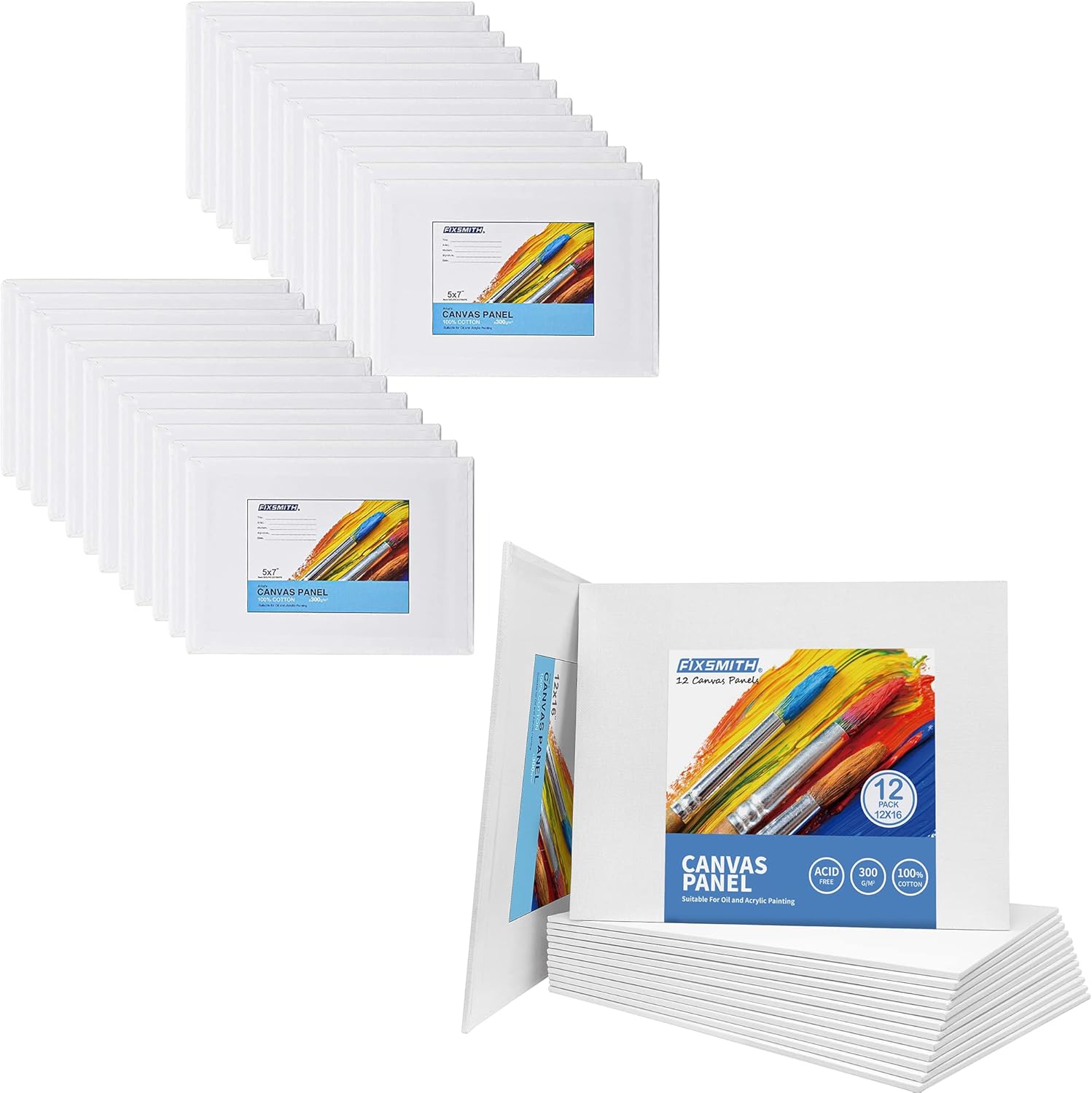 Painting Canvas Panel Boards - 5x7 Inch Art Canvas,24 Pack with 12x16 Inch Canvas Board Super Value 12 Pack,100% Cotton,Primed Canvas Panel,Acid Free,Artist