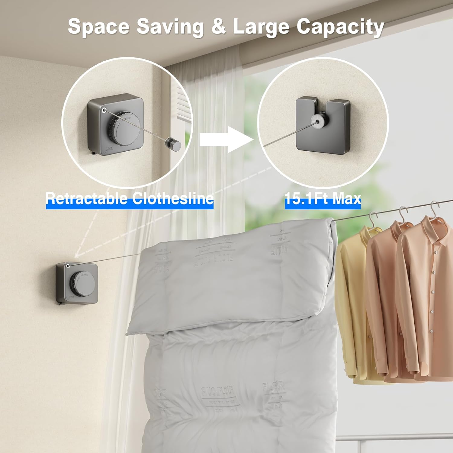 Retractable Clothesline Indoor, Non-Sagging Outdoor Clothes Line Retracting Heavy Duty Clothes Drying Laundry Line Wall Mounted Stainless Steel Line-15.1 — image 2