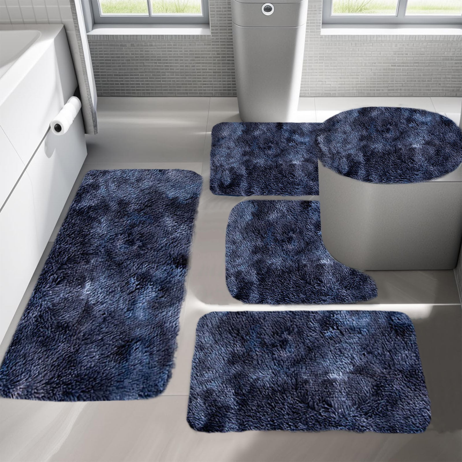 Tie-Dye Bathroom Rugs Sets, Non-Slip Bath Mat Set 5 Piece, Soft Comfortable Washable Bathroom Mat Set, Quicker Dry Bathroom Rug with Toilet Rug Dark Blue — image 5
