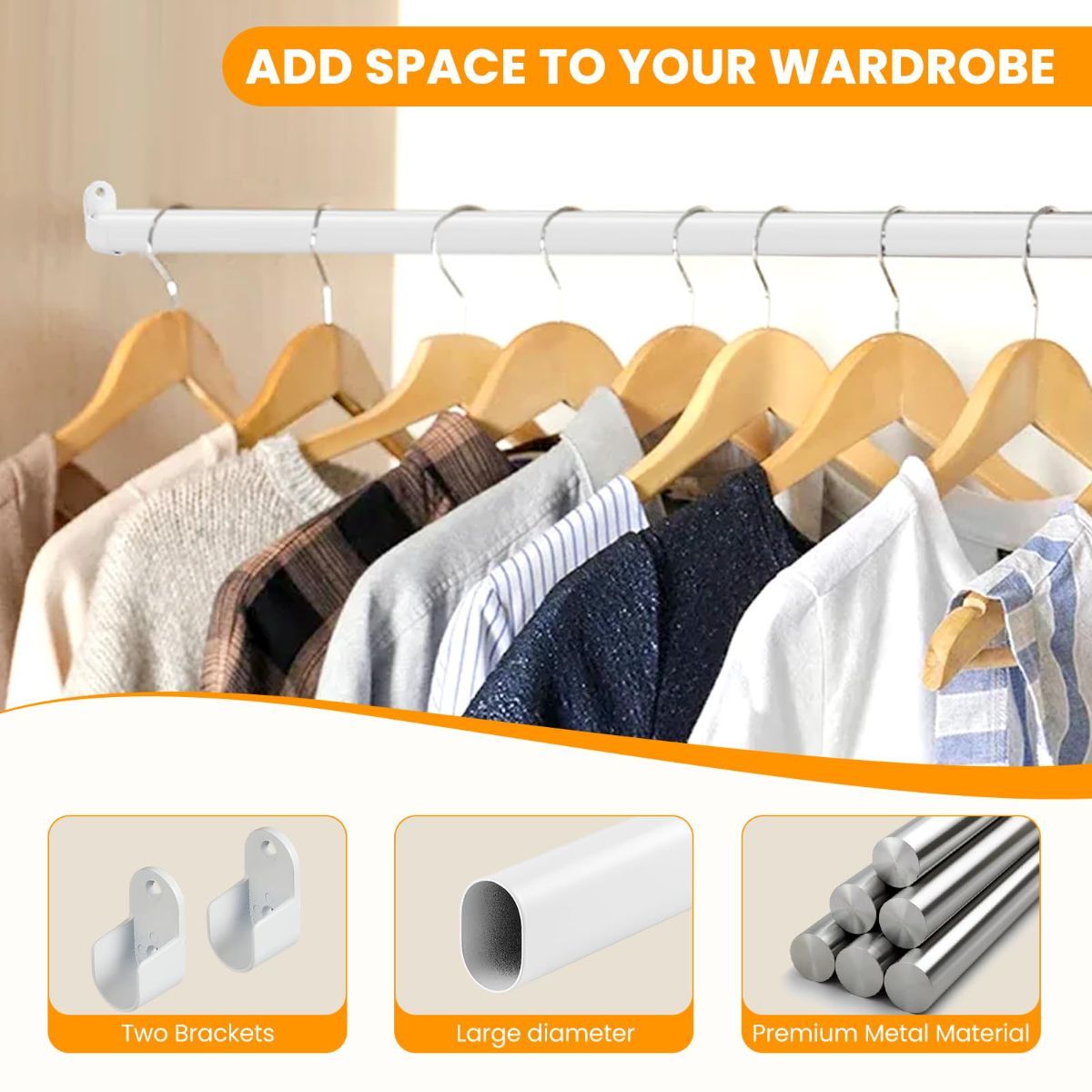 18-52" Oval Closet Rod for Hanging Clothes Adjustable Closet Rods Heavy Duty Black Poles Bar Closet Rod Expandable for Wardrobes Laundry RV - White — image 3