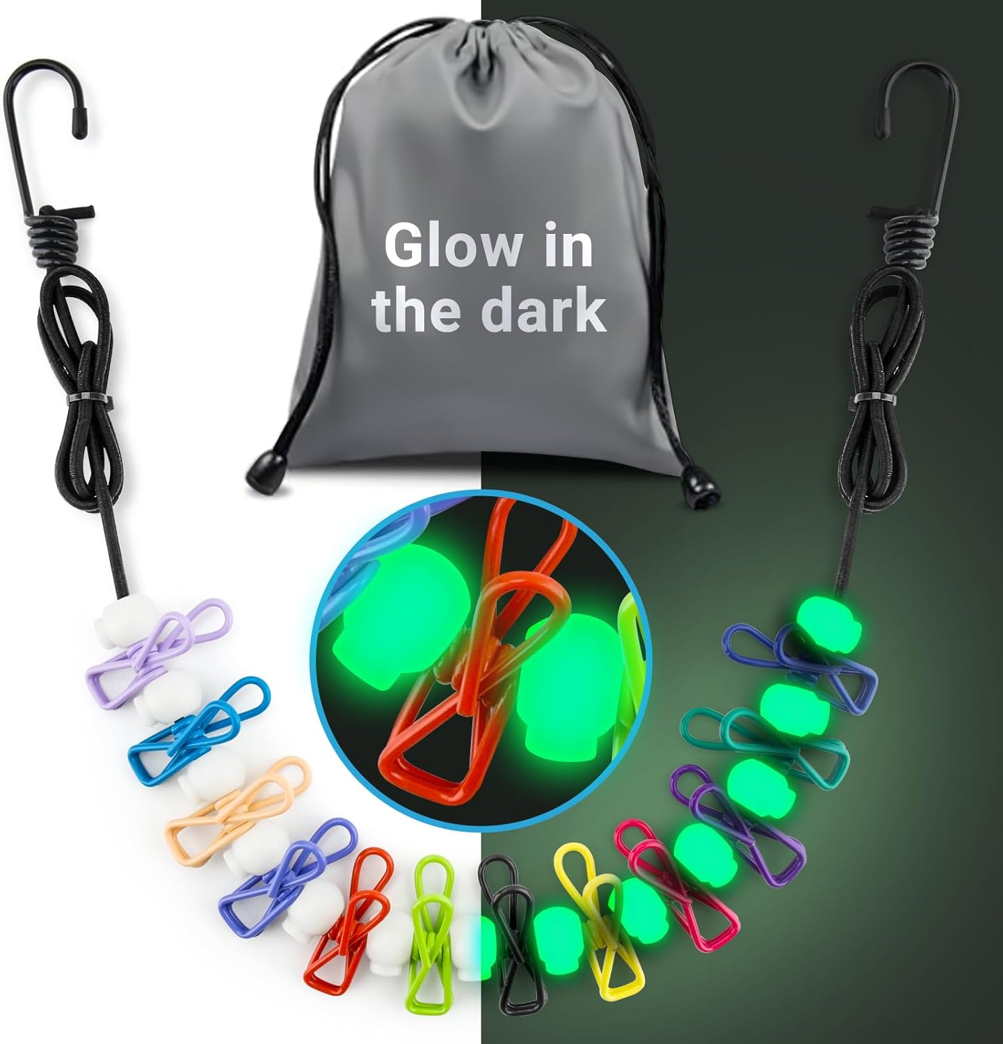 Retractable Travel Clothesline - Glow in The Dark Portable Clothes Line - 7.5ft/2.2m Camping Clotheslines for Outside, Hotel Room or Cruise - Laundry Line