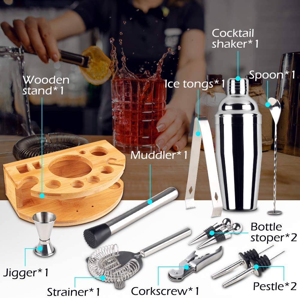 Cocktail Shaker Set Bartender Kit with Bamboo frame and 12 Pieces Stainless Steel Bar Tool Set โ image 2