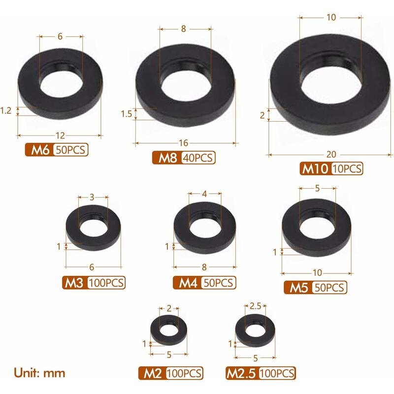 500 pcs Black Plastic Washers Lock Washers Fasteners, Self-Locking Washer Assortment Mechanical Washer M2.5 M3 M4 M5 M6 — image 2