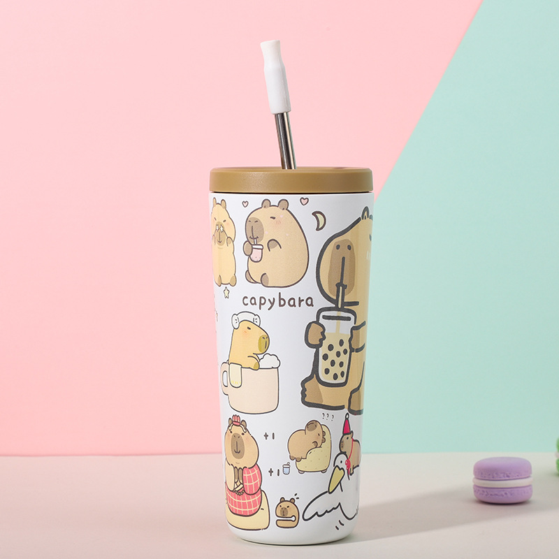 304 Stainless Steel Insulated Tumbler, Cartoon Design Portable Straw Cup for Home and Office(Light white)