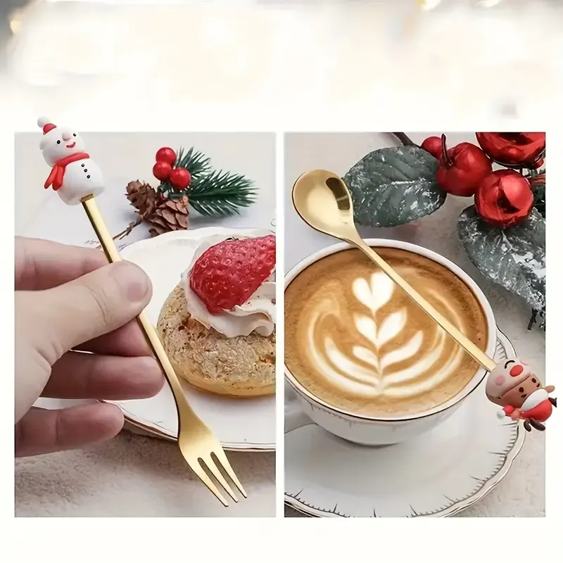 4PCS Christmas Cartoon Spoon & Fork Set – 3D Toppers, Gold Stainless Steel Dessert & Coffee Spoons, Fruit Forks, Festive Table Decor, Elegant Gift Box — image 5