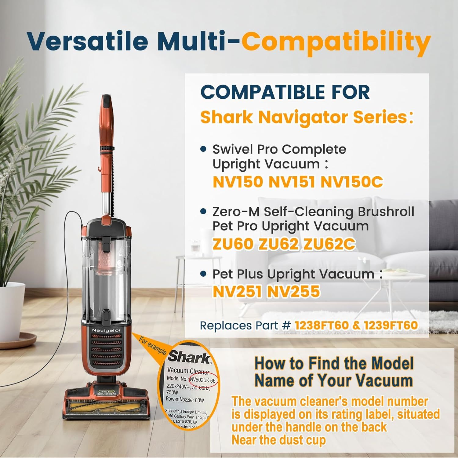 ilters or Shark Navigator Zero-M Sel-Cleaning Brushroll Pet Pro Upright Vacuum ZU60 ZU62 ZU62C NV251,NV255, Replacement Parts #1238T60&1239T60 — image 4