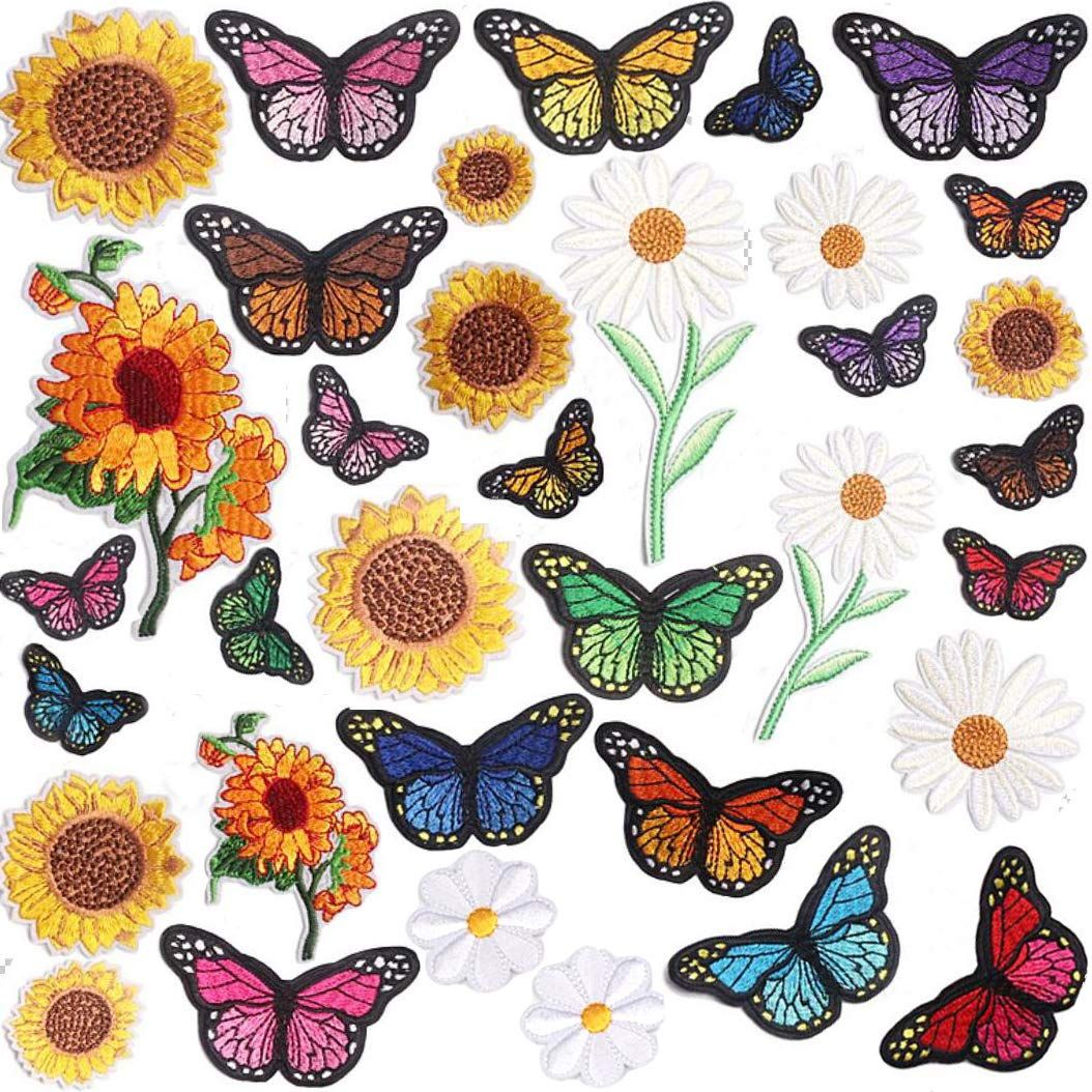 35 Pieces Embroidered Iron on Patch for Clothing,Sunflowers Butterfly Iron On Patches Set,Large Size Cute Decoration Embroidered