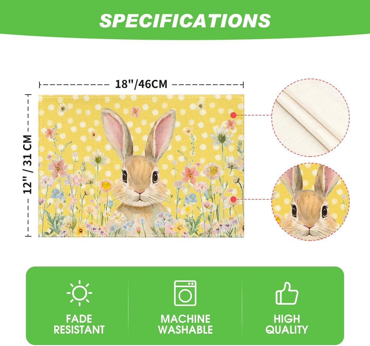 Yellow Bunny Polka Dot Easter Placemats Set of 4, 12x18 Inch Flower Seasonal Spring Holiday Table Mats for Party Kitchen Dining Decoration โ image 6