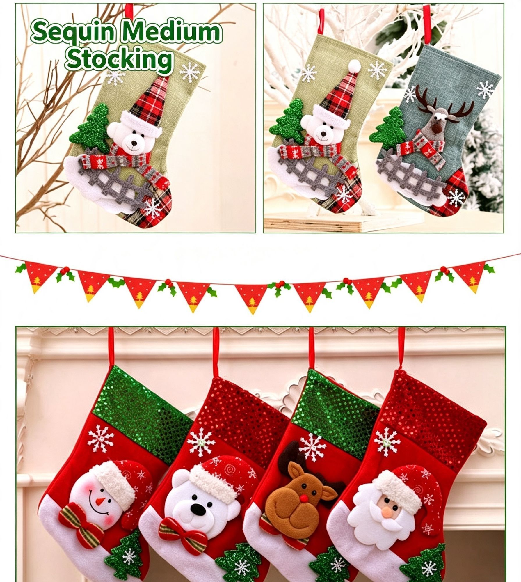 Burlap Bell Reindeer Christmas Stocking, Farmhouse Style Xmas Decor Pouch, 20*15cm — image 5
