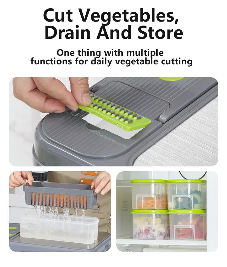 Green And Grey Ultimate 12-in-1 Multi-Functional Vegetable Slicer Dicer Chopper - Mandoline with Storage Containers & Drain Basket โ image 6