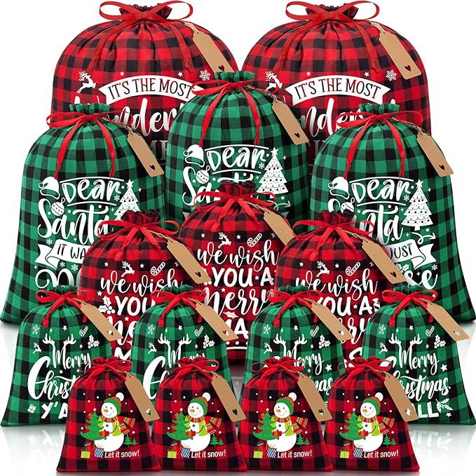 Black and white checkered Christmas Gift Drawstring Bags Set - Festive Burlap Style Pouches for Candy & Apples - Holiday Decoration - 10 Pcs — image 3