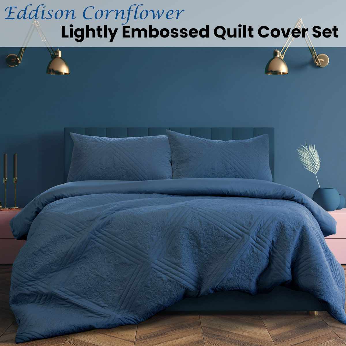 Ardor Eddison Cornflower Light Quilted Embossed Quilt Cover Set Queen โ image 2