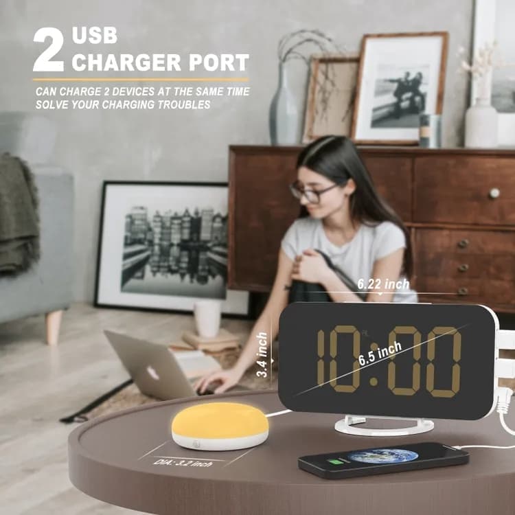 Digital Alarm Clock with Bed Shaker for Heavy Sleepers, LED Mirror Display, Compatible with Philips, Yellow — image 2