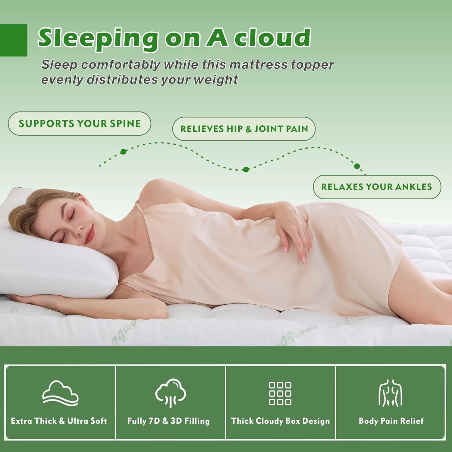 800GSM Mattress Topper Viscose Derived from Bamboo, Thick Pillowtop Fitted Mattress Cover with 45cm Deep Skirt - Machine Washable Hypoallergenic(Double,Green) β image 3