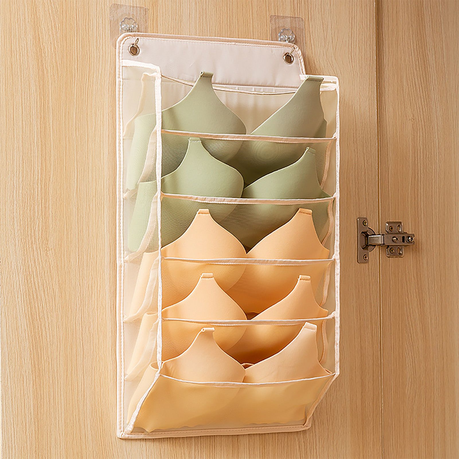 Closet Hanging Underwear Organizer Mesh Oxford Cloth PP Board Underwear Wall Shelf Wardrobe Hanging Storage Bag for Bra Socks Underpants 5 Pockets Beige — image 5