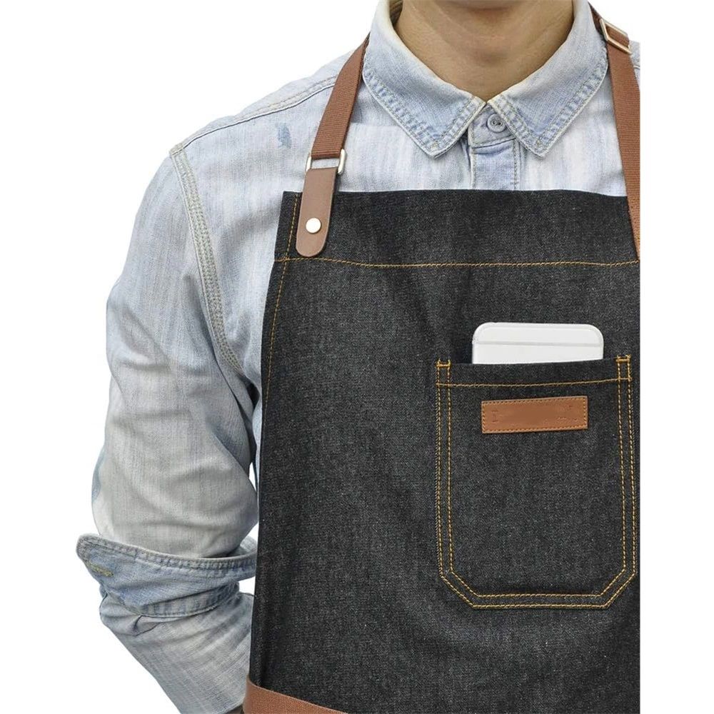 Denim Chef Apron with Pockets, Mens Womens Professional Kitchen Bib Black Apron for Cooking Grill BBQ Server, with Towel Loop and Adjustable Neck Straps — image 3